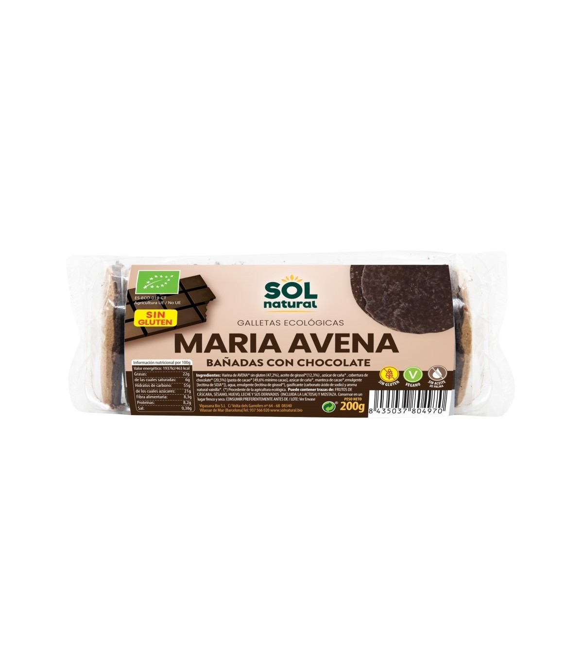 Marías avena sin gluten bañadas chocolate bio 200 g