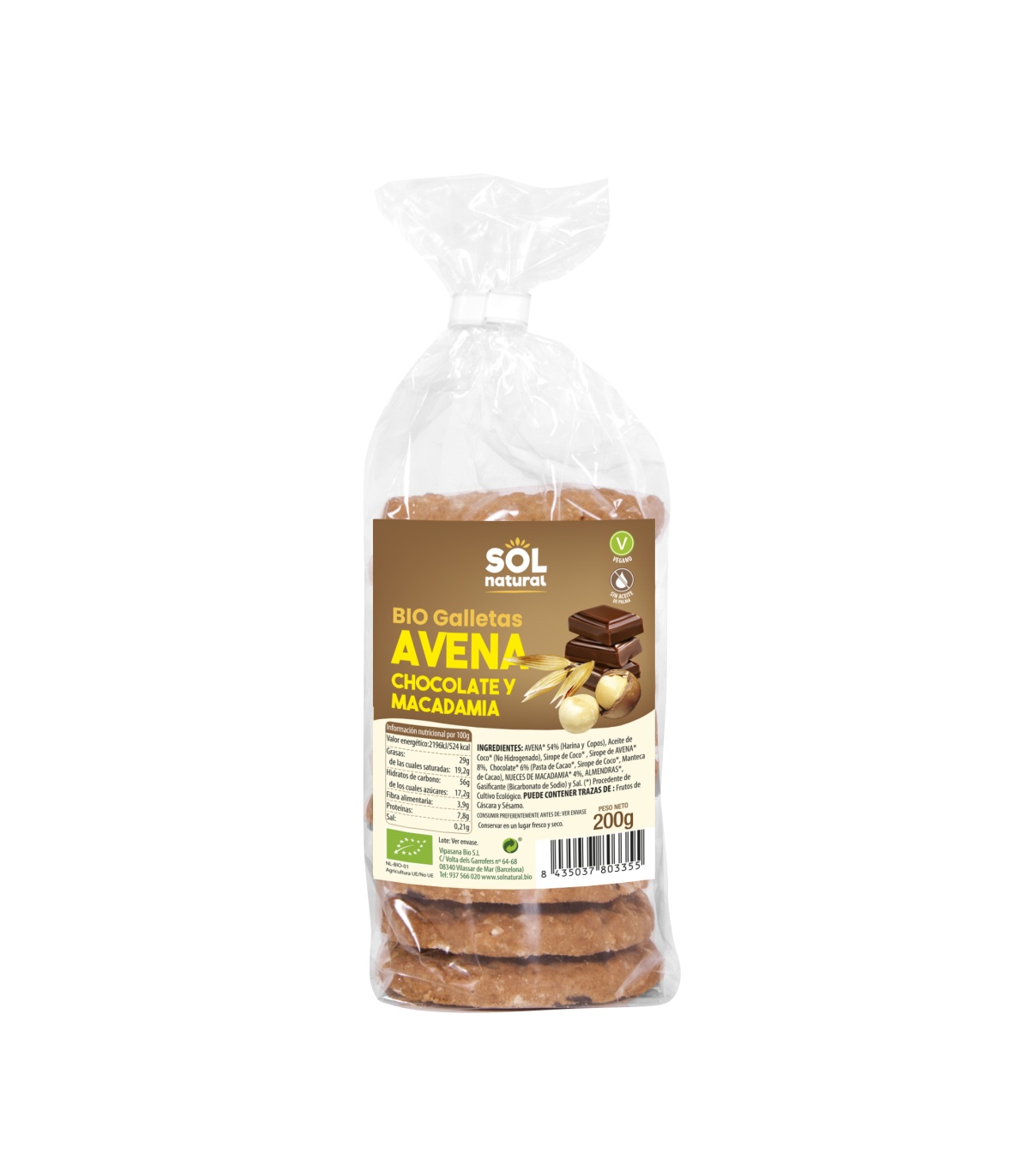 Galletas de avena con chocolate y macadamia, bio - 200gr