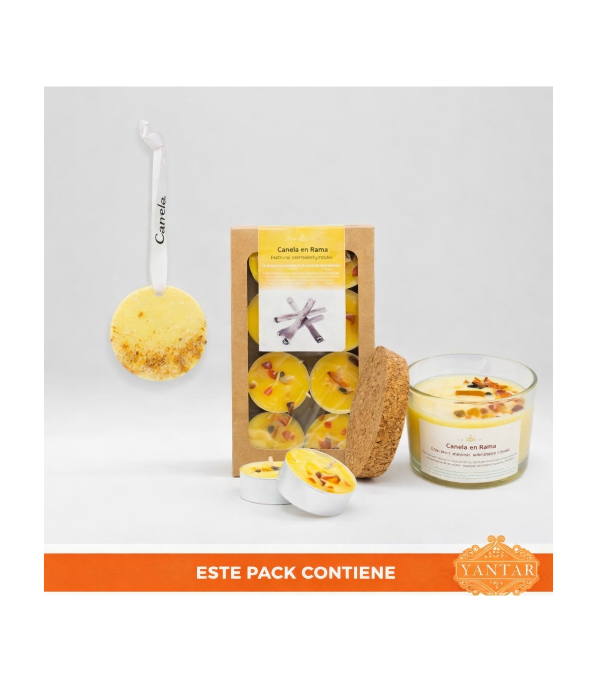 Pack 'Canela amaderada' - Velas de té 8uds + Ambientador sólido + Vela vaso Canela en rama