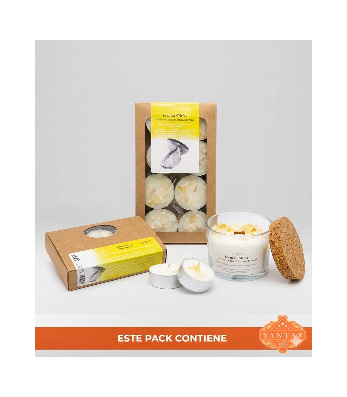 Pack 'Esencia Cítrica' - Velas de té 8uds + Discos aromáticos + Vela vaso Esencia Cítrica